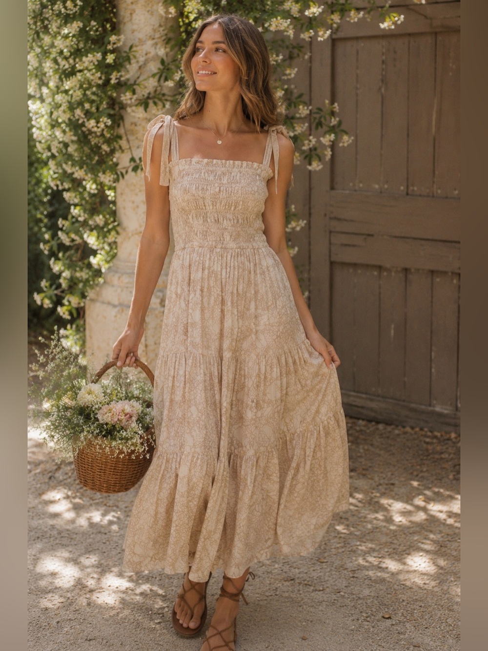 En Saison Geraldine Smocked Maxi Dress Cream Cottagecore S